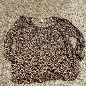AVA & VIV Leopard Print Long Sleeve Blouse Plus‎ Size 2X Casual Top